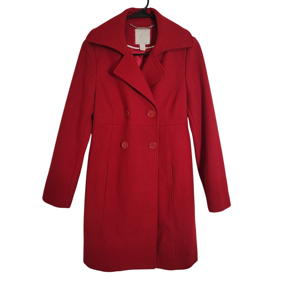 Vintage Y2K Wool Old Navy Peacoat Scarlet Red Double Breast Holiday Christmas XS
